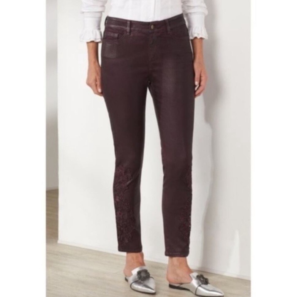 Soft Surroundings Straight Leg Ankle Coated Pants Lace Appliqué Size 10